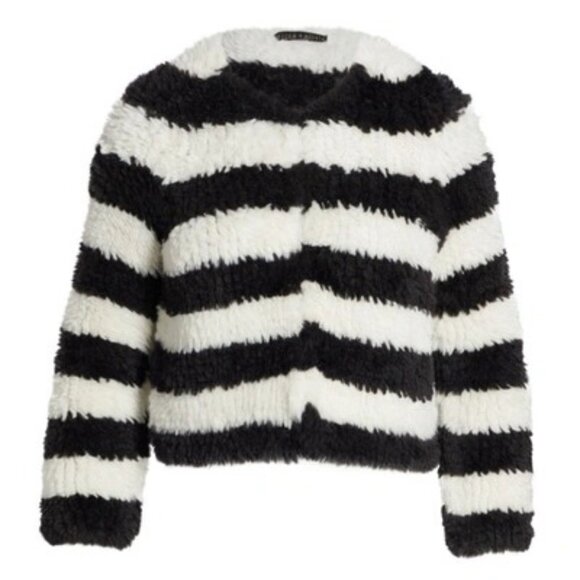 New Alice + Olivia Fawn Striped Faux Fur Jacket Black White M $395 - Picture 2 of 8